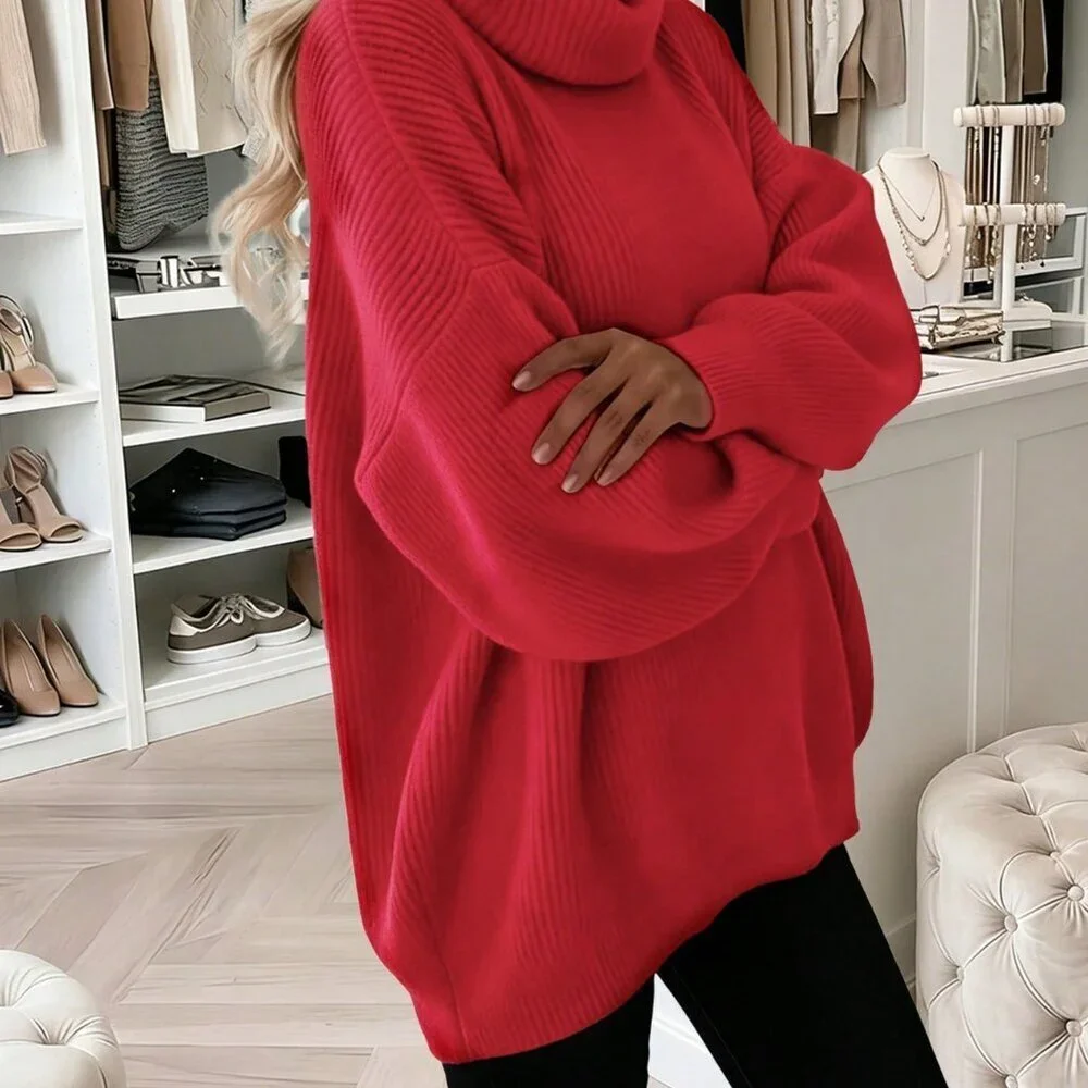 Red Casual Women's Minimalist Knitted Turtleneck Sweater